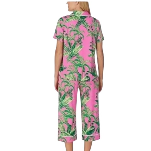 Room Service Sz Med Pink With Green Palm Trees Cropped Pajama Set - Picture 3 of 5